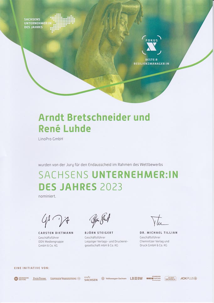 Certificate for nomination for Saxony Entrepreneur of the Year in the field of resilience management